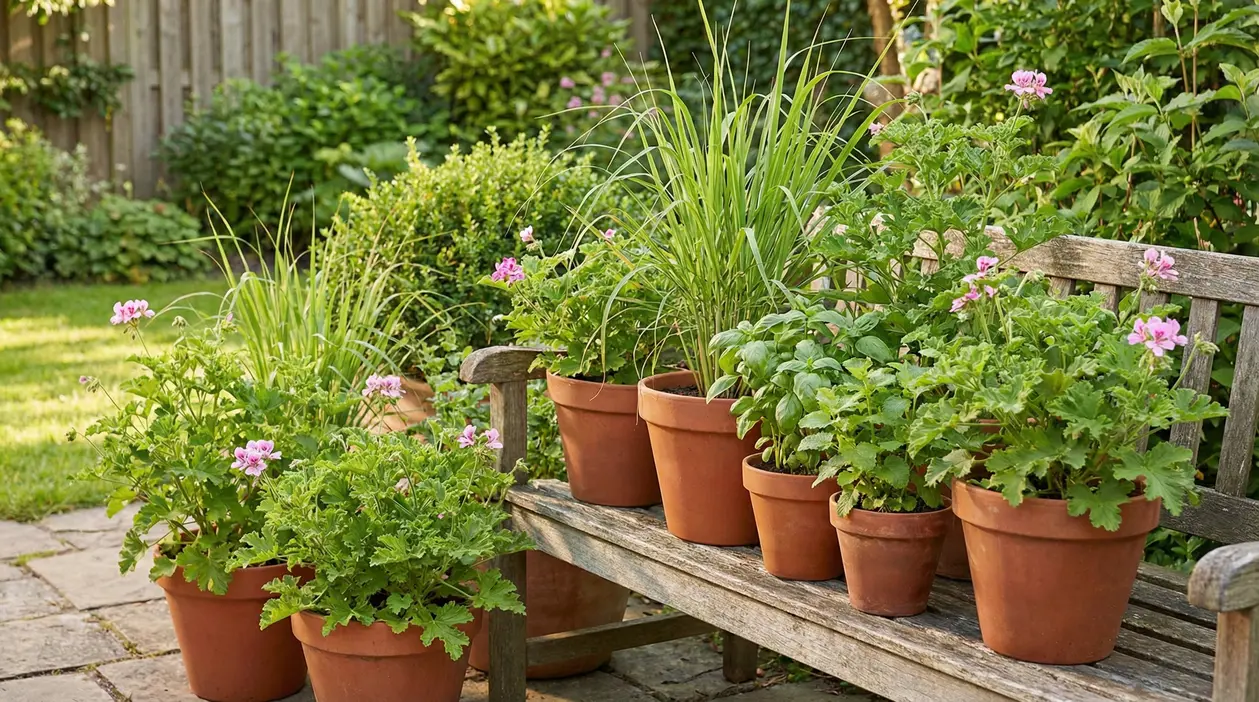 Vasi di terracotta con piante aromatiche e fiori su una panchina in giardino, ideali per tenere lontane le zanzare